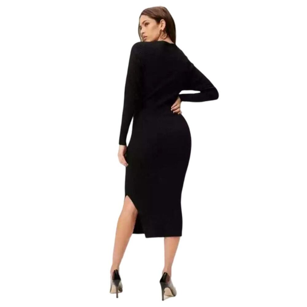 Good American Belted Body Dress Black Size 3 L Dolman Sleeve Rib Knit Midi NWT - Picture 3 of 11